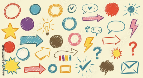 Hand-drawn doodles with arrows, circles, and speech bubbles to creatively illustrate ideas and concepts
