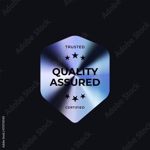 Quality Assured Badge Sticker Limited Edition Label In Holograph Gradient Style. Glossy Metallic Icon Logo Seal For Branding, Promo, Ecommerce UI, Shop Product Advertising. Vector Illustration