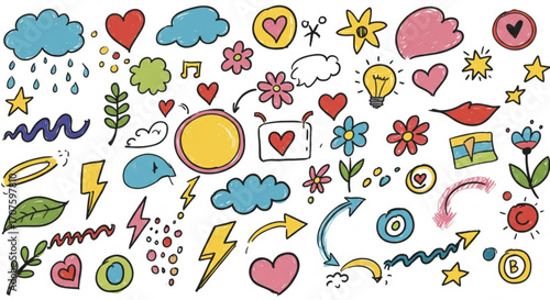 Vibrant hand-drawn doodles like hearts, clouds, stars, and flowers bring creative energy to projects.