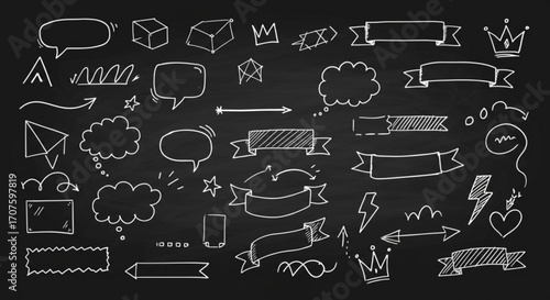 Doodle elements like speech bubbles, ribbons, arrows, and icons create dynamic visual content for design projects