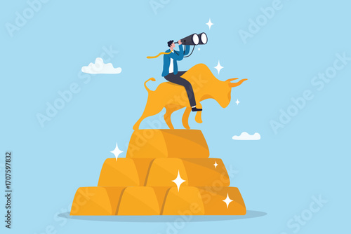 Gold bullion bull market forecast, ingot or gold bar trading price increase high up, prosperity or financial risk, market prediction, investor on golden bull on ingot look for profit opportunity.