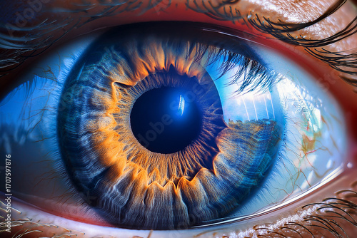 Close-up of human eye showing iris structure and color promoting youth interest in biology and vision
