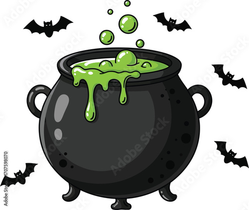 Spooky cauldron bubbling with green potion and bats flying around for Halloween themed projects