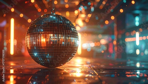 A shimmering disco ball hangs suspended in a dimly lit space, reflecting vibrant lights and colors. Blurry background adds a festive atmosphere