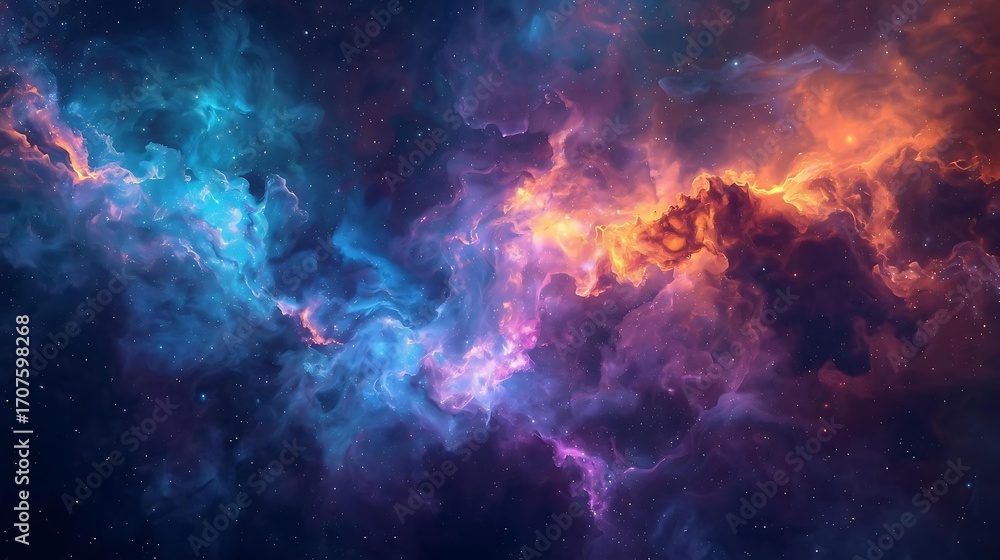 Obraz premium Vibrant cosmic nebula with swirling clouds of blue, purple, and orange gas and dust, illuminated by distant stars.