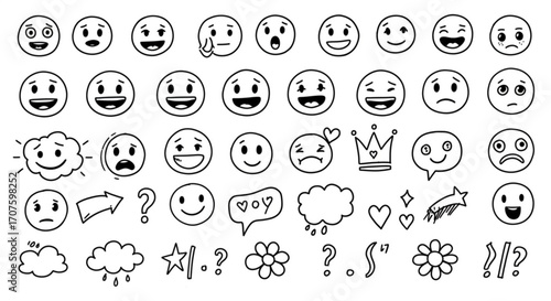 Vibrant collection of hand-drawn emoticons and symbols expressing diverse emotions and ideas