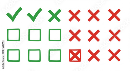 Green checkmarks and red crosses with empty boxes for voting or decision making on white