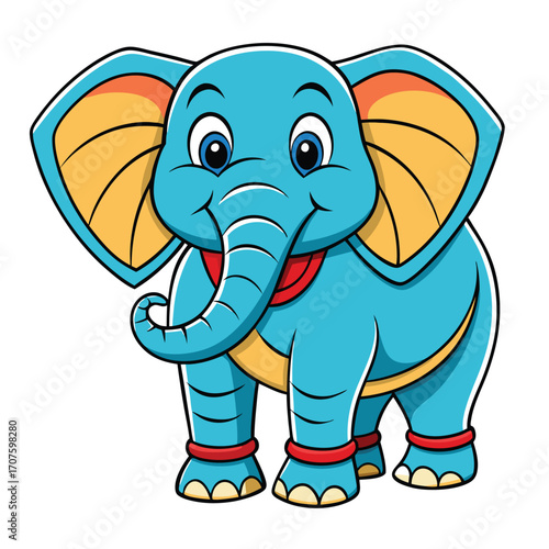 A cartoon blue elephant with orange details stands cheerfully on a white background