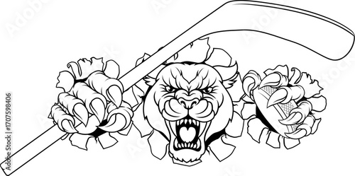 A panther, leopard or cougar wildcat cat jaguar ice hockey sports mascot holding a hockey stick and puck