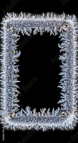 A detailed frost pattern forms a rectangular frame against a dark backdrop, showcasing intricate ice crystals.