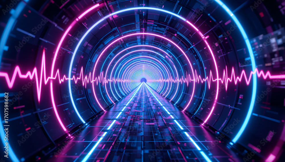 Fototapeta premium A futuristic neon tunnel with pulsating pink and blue rings and a waveform overlay, suggesting a journey through sound or data