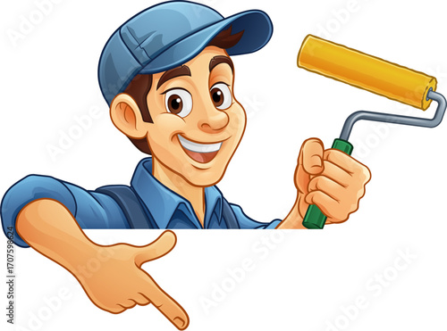 A painter decorator handyman cartoon mascot man holding a paint roller, peeking around a sign and pointing at it