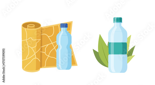 Vector illustrations of plastic water bottles for hydration during travel, hiking, and outdoor nature adventures, paired with a map and leaves