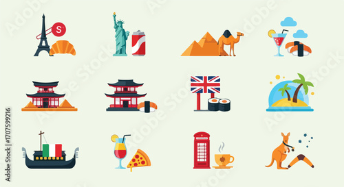 Travel Icons Featuring Landmarks, Cuisine, and Cultural Symbols from Around the World in Colorful Design