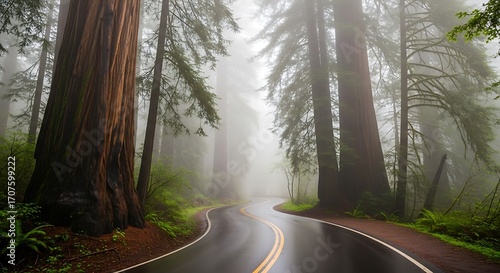 A winding road through a misty redwood forest, showcasing towering trees and a tranquil atmosphere.
