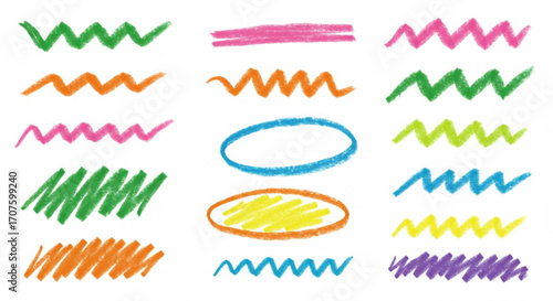 Vibrant crayon strokes and shapes collection for creative design projects and artistic presentations