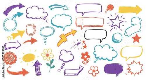 Hand drawn doodle elements for creative design projects and presentations, bright and fun