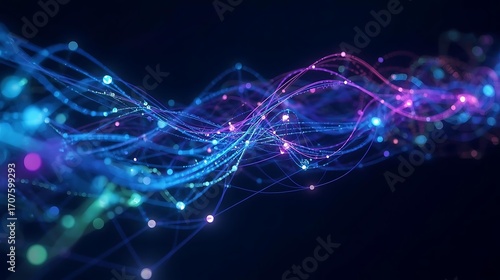 Abstract visualization of interconnected glowing particles forming wavy lines against a dark background, representing data flow or network connections.