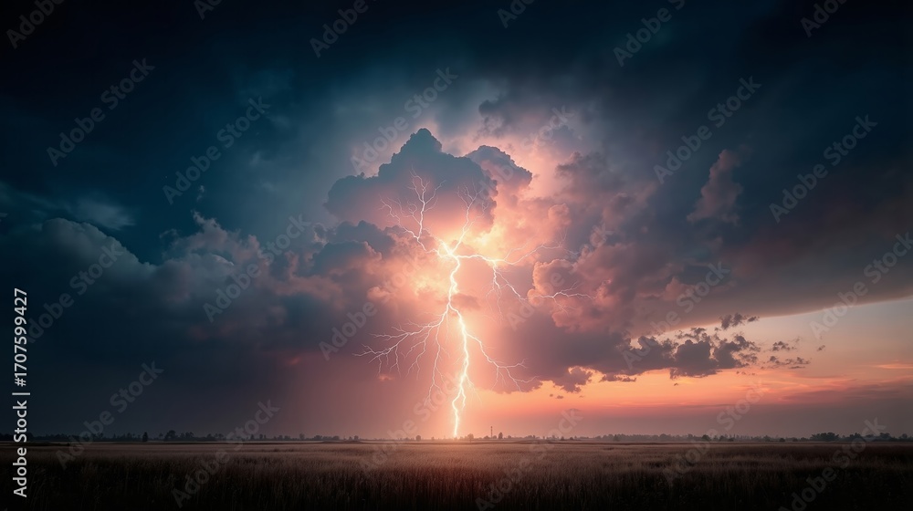 Fototapeta premium A lightning bolt in the sky over a field of wheat