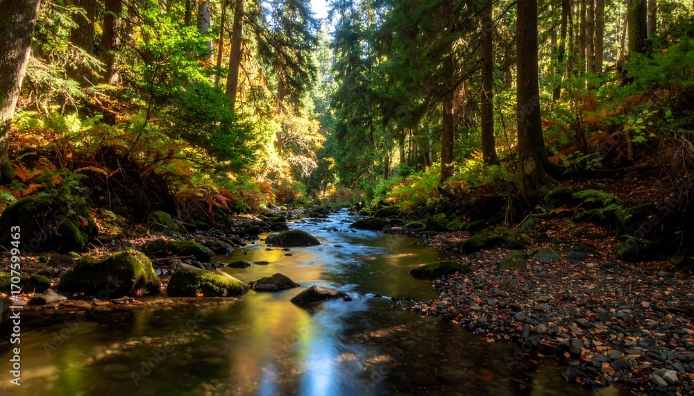 Obraz premium Forest stream bathed in sunlight
