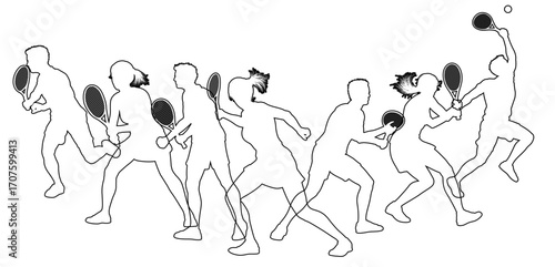 Silhouette Tennis players set. Active sports people healthy players fitness silhouettes concept.