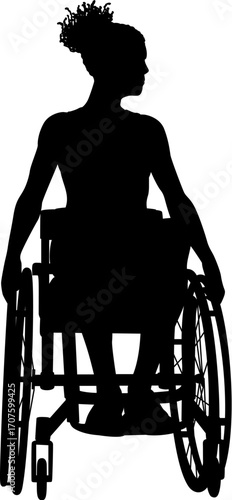 Silhouette of a woman seated in a wheelchair, viewed from the front, with her hands resting on the wheels and her hair tied in a bun.