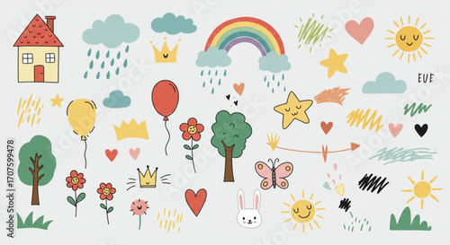 Whimsical hand-drawn doodle collection, adorable icons for children's designs and playful illustrations