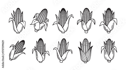 Collection of ten stylized corn cob illustrations in silhouette style