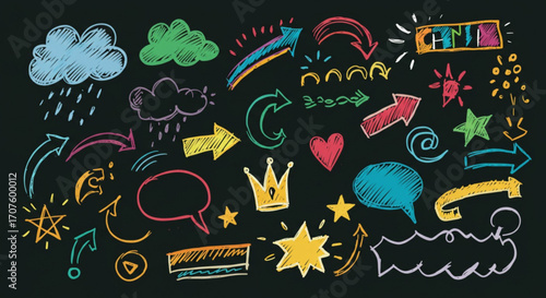 Playful hand drawn doodles with arrows, clouds, stars and speech bubbles convey creativity