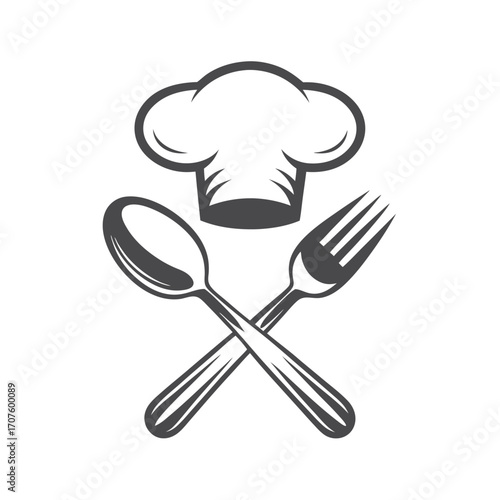 A chef's hat rests above the crossed fork and spoon in grayscale