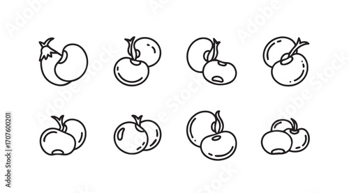 Collection of simple outline drawings of various fruits and vegetables silhouette