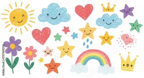 Adorable sun, clouds, hearts, stars, flowers, and rainbow for children's designs and creative projects