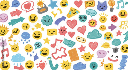 Cheerful and vibrant seamless pattern of hand-drawn emojis and doodles for playful designs