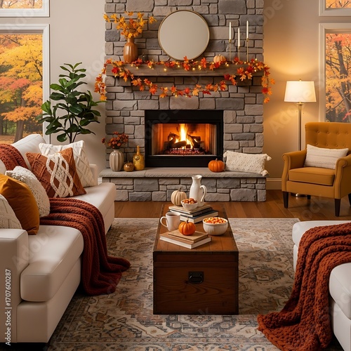 A cozy living room displays warm autumnal colors and textures, featuring a fireplace, comfortable furniture, and decorative accents.