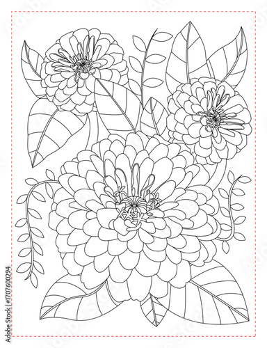 Zinnia Flower Coloring Page: Detailed Petals and Intricate Line Art