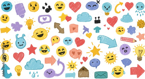 Playful emoji doodles bring a whimsical touch to your designs with a fun, hand-drawn style