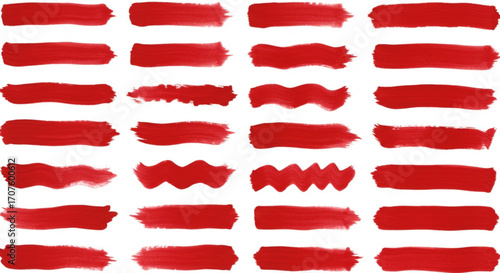 Bold red paint brush strokes set for dynamic design elements, artistic accents, and powerful branding