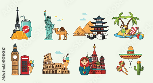 A vibrant collection of line art illustrations showcasing iconic world landmarks and cultural symbols from various countries, perfect for travel-themed designs and global education