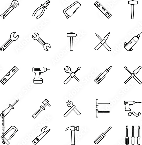 Collection of hand tools icon set, construction and repair equipment line art, DIY illustration, outline vector tools, black design