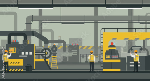 Industrial factory interior with machinery, pipes, and three workers in safety gear operating equipment and monitoring processes.