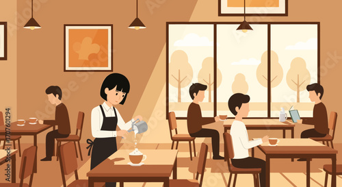 A waitress pours a drink for a customer in a cozy, modern coffee shop illustration with other patrons.