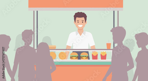 A smiling vendor serving fast food like burgers and fries from a street stall to a crowd of silhouetted customers.