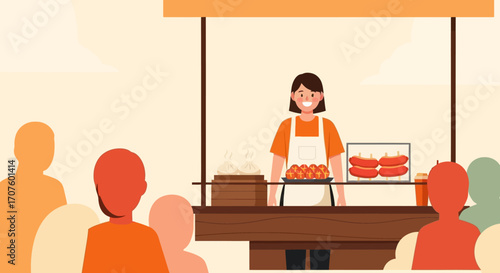 A vendor selling food from a stall to a crowd of people.