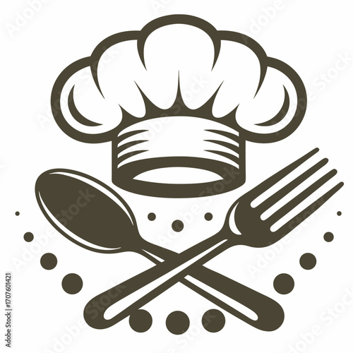 A chef's toque atop crossed spoon and fork with dots creates an icon