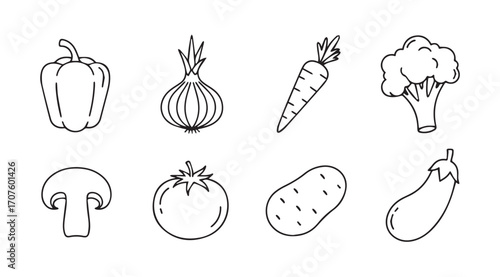 Outline drawing of assorted fresh vegetables in a silhouette style