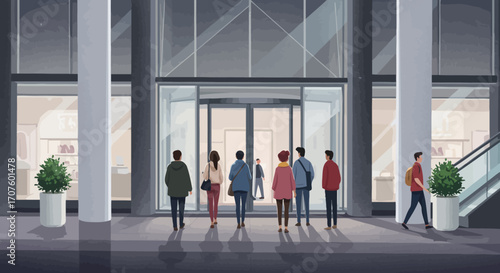A group of people entering a modern office building with large glass doors and an escalator.