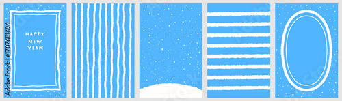 Winter snow abstract backgrounds set, collection. Rectangle oval ellipse snowy frames, stripes patterns borders. Uneven falling hand drawn snowflakes dots spots spray splash texture.

