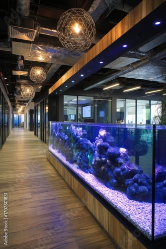 A break area with a small aquarium of colorful fish. Employees watch them swim slowly. The mood feels calming and meditative, Generative AI 