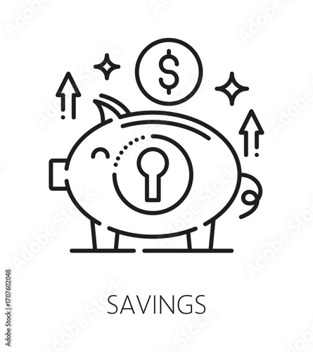 Thriftiness life skills line icon or emblem. Personality potential linear vector symbol, people personality quality outline icon. Person money saving life skills sign or pictogram with piggy bank