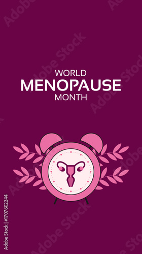 World Menopause Month banner. Female reproductive system in alarm clock with flowers. Medical poster ,for mobile responsive